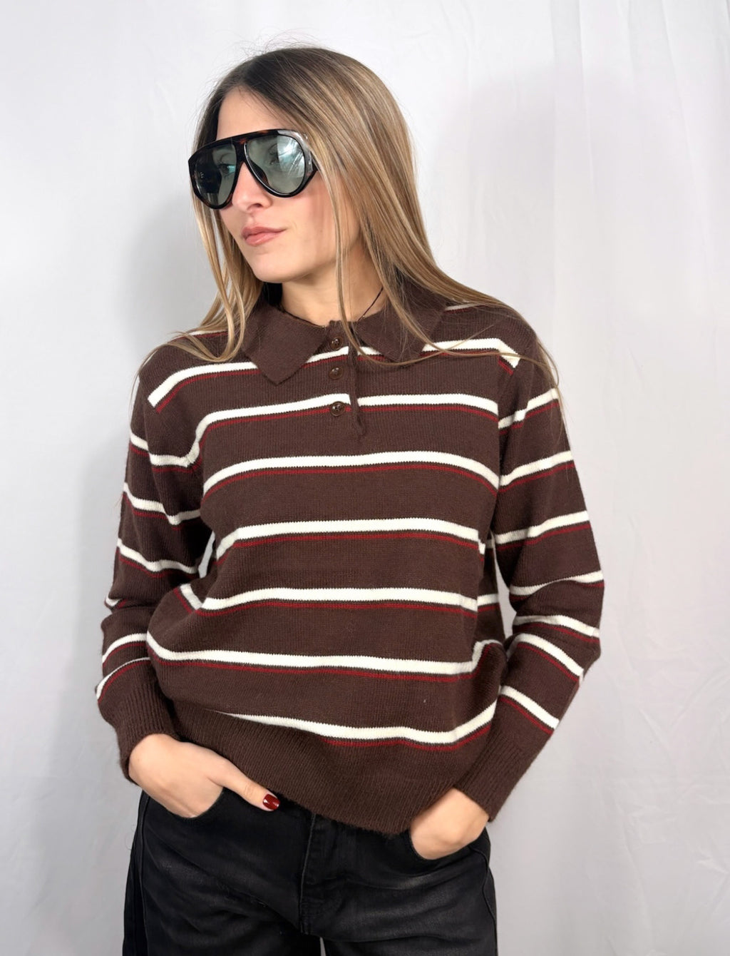 Maglione Polo Scholar a righe Brown